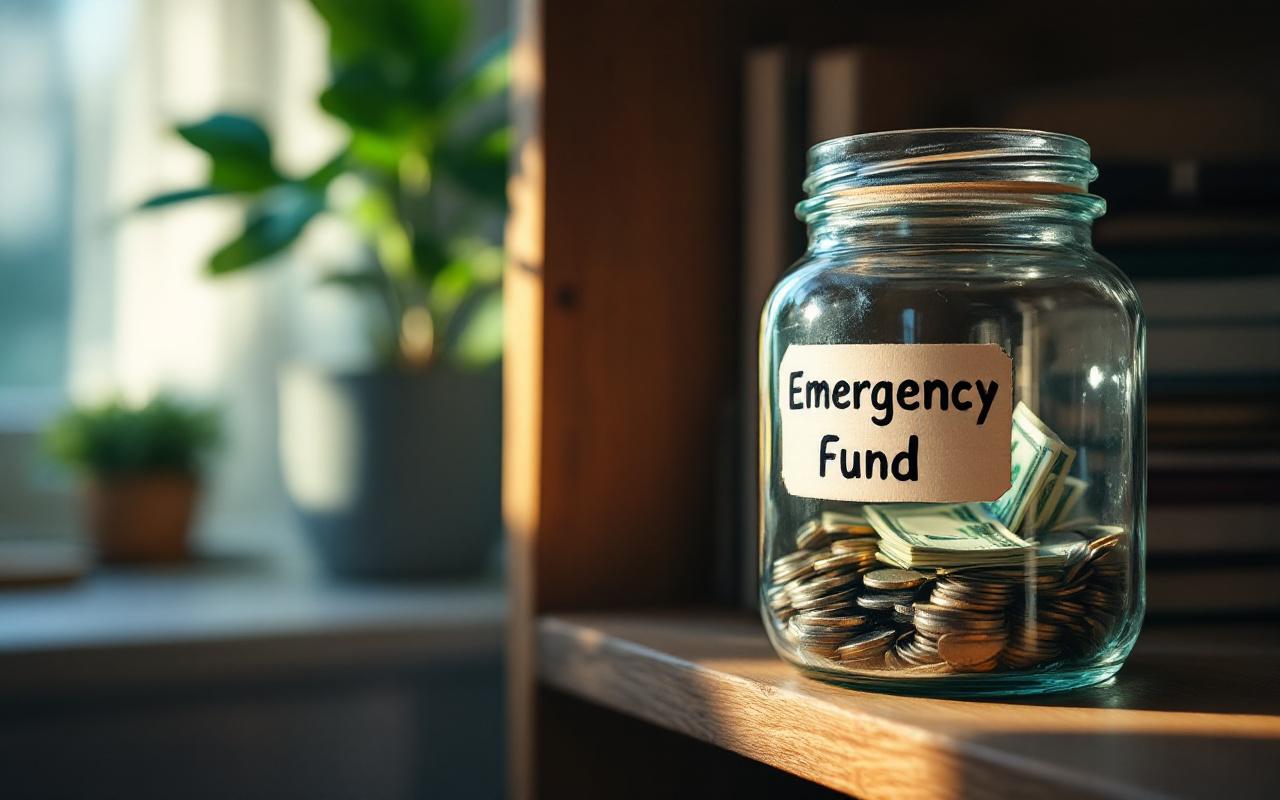 Bocal en verre marque Emergency Fund pose sur une etagere en bois, rempli de pieces et de billets plies, entoure de livres et d'une petite plante, eclairage naturel doux creant une ambiance calme aux nuances bleues et vertes.