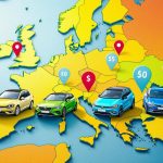 Comparaison d’annonces de voitures d’occasion sur fond de carte de l’Europe, avec des repères visuels par pays et des vues de véhicules variés.