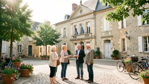 Vue lumineuse d’une mairie française sur une place de village, avec une femme maire et quatre habitants échangeant dans une ambiance conviviale.
