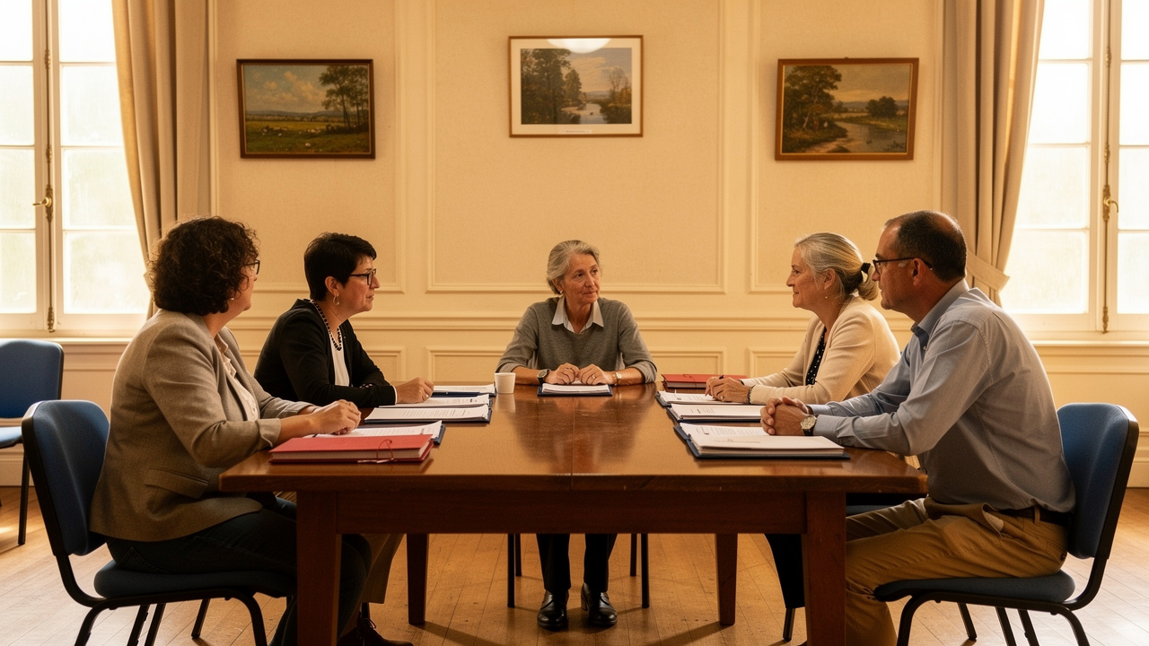 Réunion de conseil municipal dans une petite mairie française, avec trois femmes et deux hommes réunis autour d’une table et consultant des documents vierges.