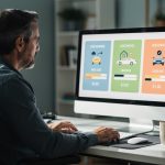 Quel comparateur d’assurance auto choisir pour payer moins cher ? Automobiliste assis devant un ordinateur comparant plusieurs offres d’assurance auto représentées par des panneaux colorés et des graphiques visuels sans texte lisible.