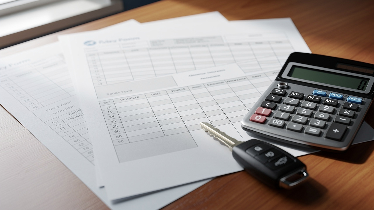 Gros plan sur des documents d’assurance automobile avec tableaux vierges, des clés de voiture et une calculatrice posés sur un bureau en bois.