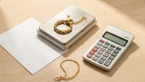 Bijoux en or posés sur une balance de précision, accompagnés d’un document vierge et d’une calculatrice sur une table claire.