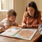 Quels supports choisir pour expliquer le pontificat de Léon XIV aux enfants ? Une famille française réunie autour d’une table découvre un livret illustré représentant le pape et une carte du Vatican, dans une lumière naturelle douce.