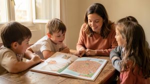 Une famille française réunie autour d’une table découvre un livret illustré représentant le pape et une carte du Vatican, dans une lumière naturelle douce.